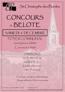 Affiche du concours de belote organisé le 6 décembre 2014 à Christophe des Bardes, en Gironde (33).