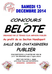 Affiche du concours de belote organisé samedi 13 décembre 2014 à Publier, en Haute Savoie (74).