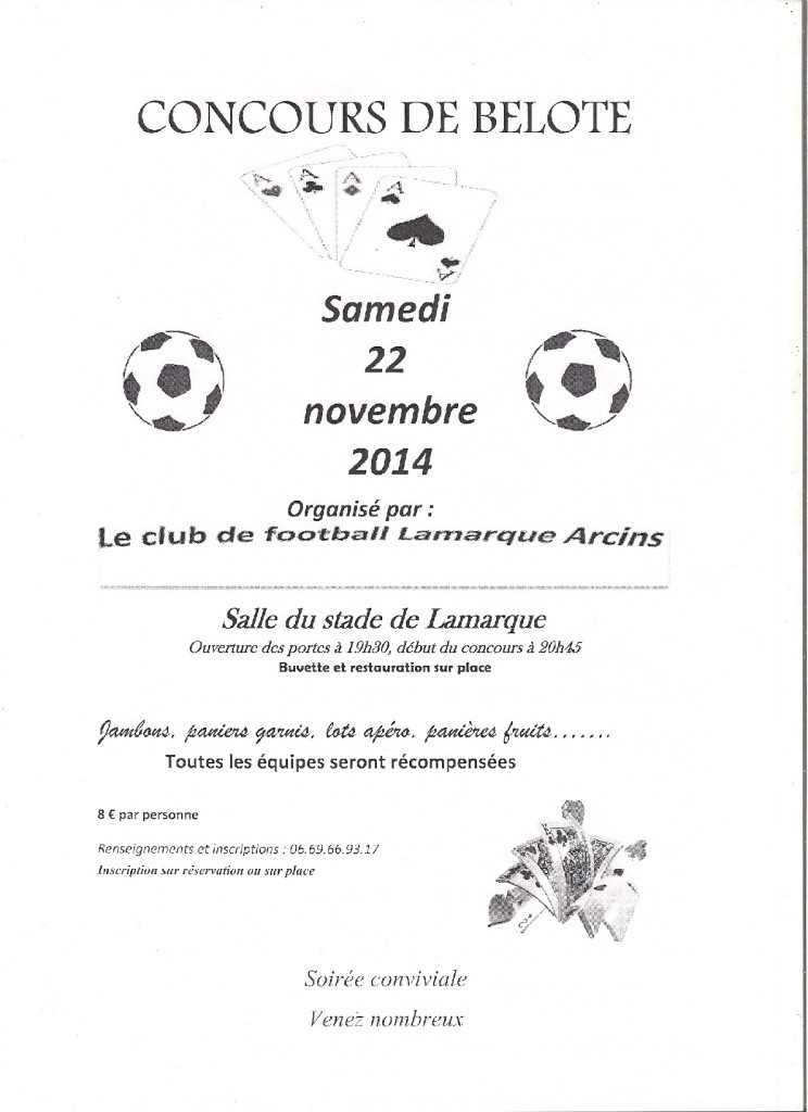 Affiche du concours de belote organisé samedi 22 novembre 2014 à Lamarque, en Gironde (33).