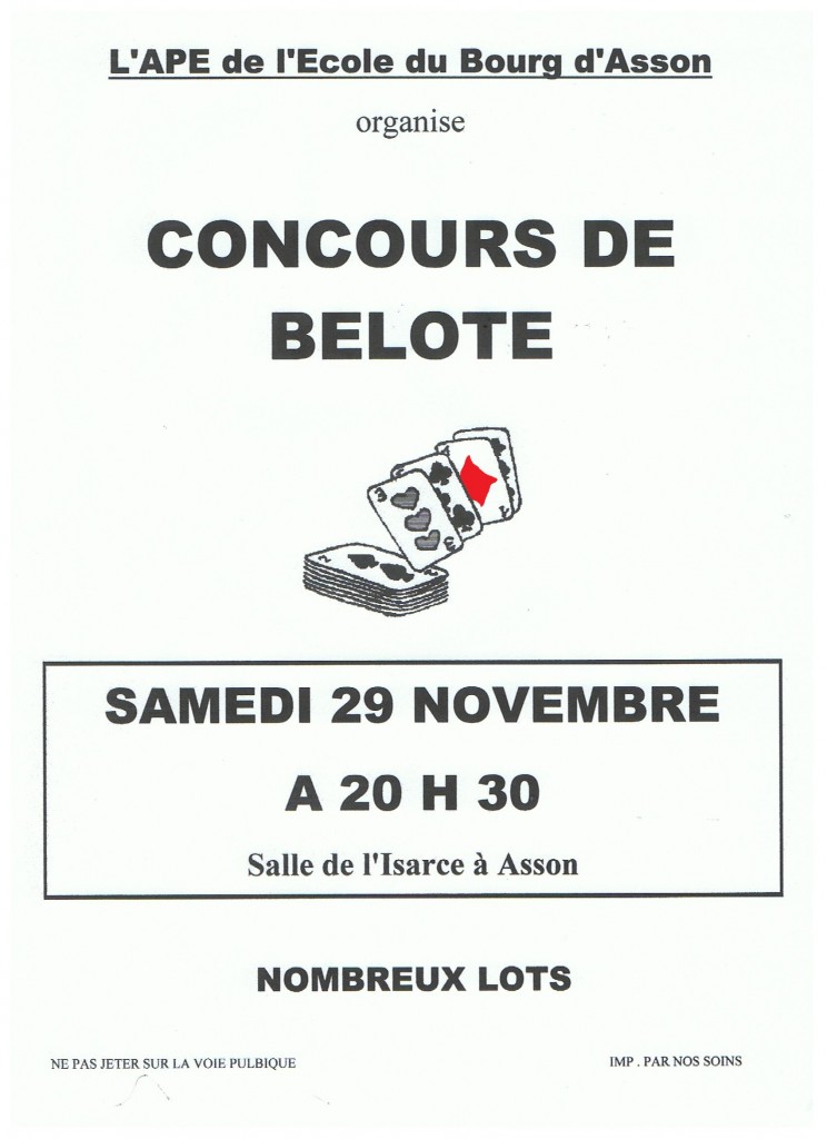 Affiche du concours de belote organisé samedi 29 novembre 2014 par l'APE d'Asson, dans les Pyrénées Atlantiques (64).