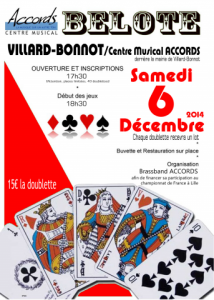 Affiche du concours de belote organisé samedi 6 décembre 2014 par le Brass Band Accords à Villard Bonnot, en Isère (38).