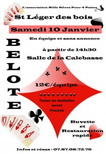 Affiche du concours de belote organisé le 10 janvier 2015 à Saint Léger Des Bois, dans le Maine et Loire (49).