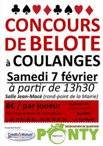 Affiche du tournoi de belote organisé samedi 7 février 2015 à Coulanges Les Nevers, dans le département de la Nièvre (58).