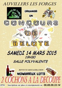 Affiche du concours de belote organisé samedi 14 mars 2015 dans la commune d'Auviller Les Forges, dans les Ardennes (08).