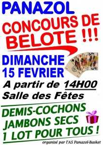 Affiche du concours de belote organisé dimanche 15 février 2015 dans la commune de Panazol, en Haute Vienne (87).