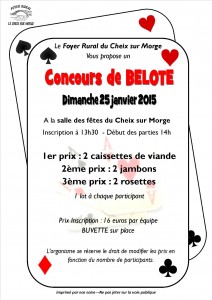 Affiche du concours de belote organisé dimanche 25 janvier à Cheix sur Morge, dans le Puy de Dôme (63).