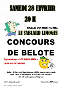 Affiche du concours de belote organisé samedi 28 février 2015 dans la commune de Limoges, en Haute Vienne (87).