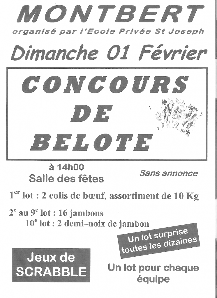 Affiche du concours de belote organisé dimanche 1er février 2015 dans la commune de Montbert, en Loire Atlantique (44).