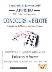 Affiche du concours de belote organisé vendredi 30 janvier 2015 à Apprieu, en Isère (38).