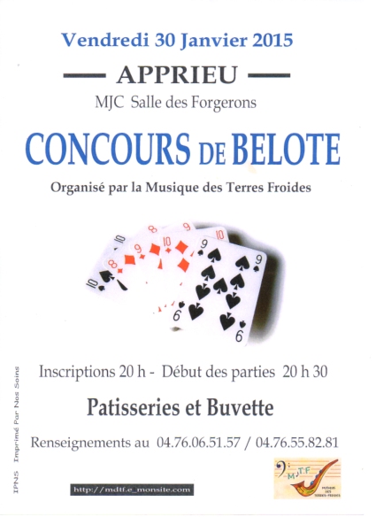 Affiche du concours de belote organisé vendredi 30 janvier 2015 à Apprieu, en Isère (38). Affiche du concours de belote organisé vendredi 30 janvier 2015 à Apprieu, en Isère (38).
