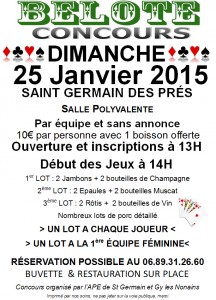 Affiche du concours de belote organisé dimanche 25 janvier 2015 dans la commune de Saint Germain des Prés, dans le Loiret (45).