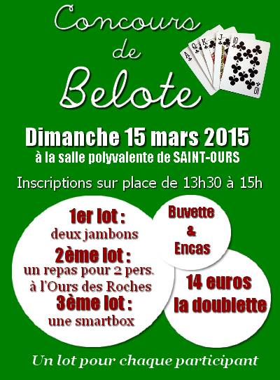 Affiche du concours de belote organisé dimanche 15 mars 2015 à Saint Ours, dans le Puy de Dôme (63). Belote Saint Ours