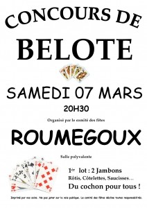 Affiche du concours de belote organisé samedi 7 mars 2015 à Roumégoux, dans le Cantal (15).
