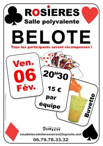 Affiche du concours de belote organisé vendredi 6 février 2015 dans la commune de Rosières, en Ardèche (07).