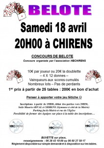 Affiche du concours de belote organisé le 18 avril 2015 à Chirens, en Isère (38).