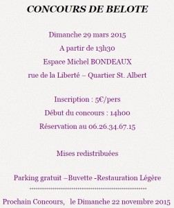 Affiche du concours de belote organisé dimanche 29 mars 2015 à Liévin, dans le Nord (62).
