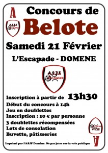 Affiche du concours de belote organisé samedi 21 février 2015 à Domène, en Isère (38).