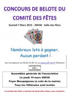 Affiche du concours de belote organisé samedi 7 mars 2015 dans la commune de Villiers Sur Orges, en Essonne (91).