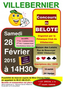 Affiche du concours de belote organisé samedi 28 février 2015 à Villebernier, dans le Maine et Loire (49).