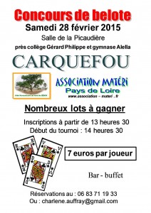Affiche du concours de belote organisé samedi 28 février 2015 à Carquefou, en Loire Atlantique (44).