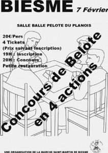 Affiche du concours de belote organisé samedi 7 fevrier 2015 à Biesme-Mettet, en Belgique.