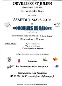 Affiche du concours de belote organisé samedi 7 mars 2015 à Orvilliers Saint Julien, dans l'Aube (10).