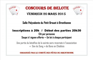 Affiche du concours de belote organisé vendredi 20 mars 2015 dans la commune de Brenthonne, en Haute Savoie (74).