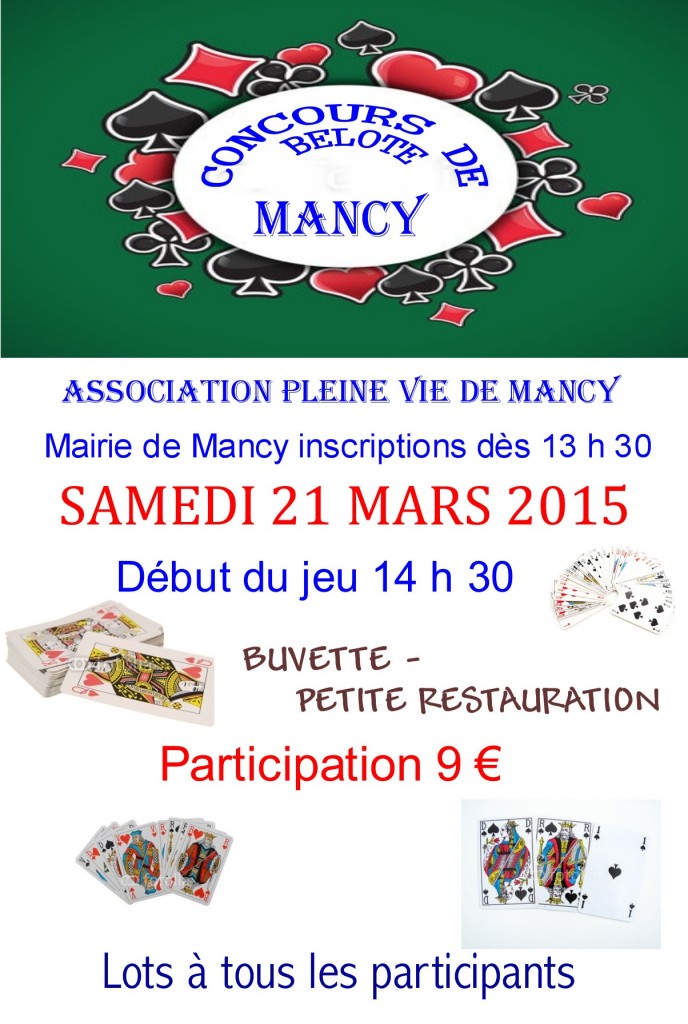 Affichce du concours de belote organisé samedi 21 mars 2015 dans la commune de Mancy, dans la Marne (51).