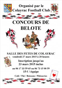Affiche du concours de belote organisé vendredi 27 mars 2015 à Colayrac Saint Cirq, dans le Lot et Garonne (47).