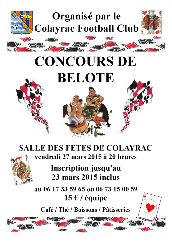 Affiche du concours de belote organisé vendredi 27 mars 2015 à Colayrac Saint Cirq, dans le Lot et Garonne (47).
