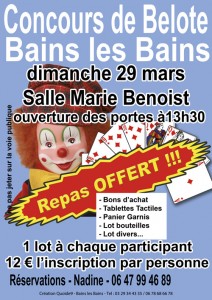 Affiche du tournoi de belote organisé dimanche 29 mars 2015 dans la commune de Bains les Bains, dans le département des Vosges (88).