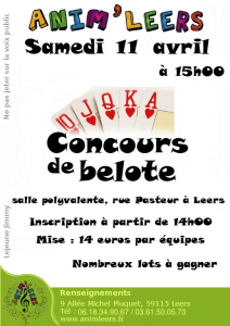 Affiche du concours de belote organisé samedi 11 avril 2015 à Leers, dasn le Nord (59).