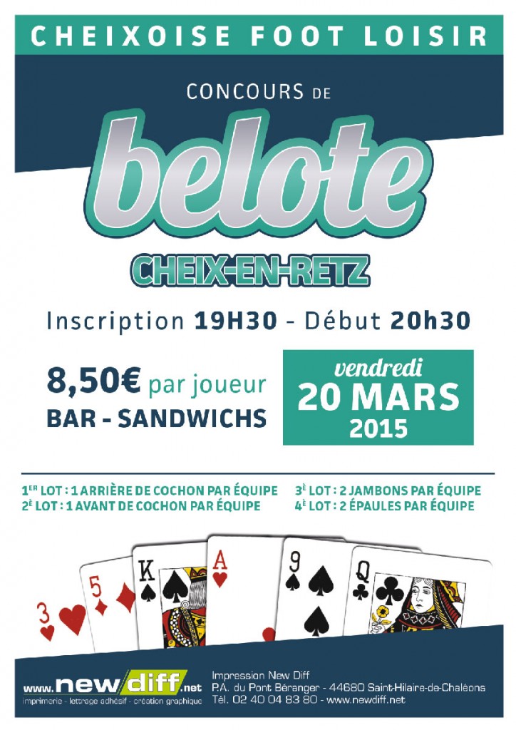 Affiche du concours de belote organisé vendredi 20 mars 2015 dans la commune de Cheix en Retz, en Loire Atlantique (44).