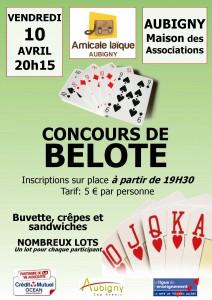 Affiche du concours de belote organisé bendredi 10 avril 2015 dans la commune d'Aubigny, en Vendée (85).