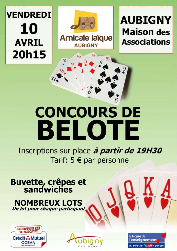 Affiche du concours de belote organisé bendredi 10 avril 2015 dans la commune d'Aubigny, en Vendée (85).