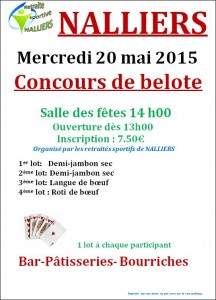 Affiche du concours de belote organisé mercredi 20 mai 2015 à Nalliers, en Vendée (85).
