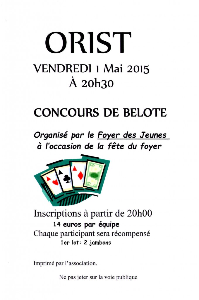 Affiche du concours de belote organisé vendredi 1er mai 2015 à Orist, dans les Landes (40).