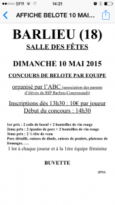 Affiche du concours de belote organisé dimanche 10 mai 2015 dans la commune de Barlieu, dans le Cher (18).