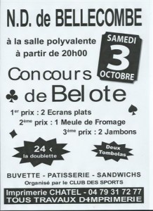 Affiche du concours de belote organisé vendredi 3 octobre 2015 à Notre Dame de Bellecombe, en Savoie (73).