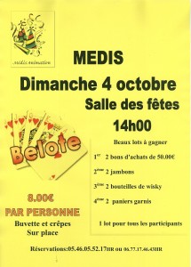 affiche du concours de belote organisé dimanche 4 octobre 2015 à Médis, en Charente Maritime (17).