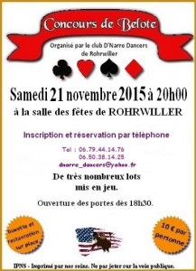 Affiche du concours de belote organisé samedi 21 novembre 2015 à Rohrwiller, dans le Bas Rhin (67).