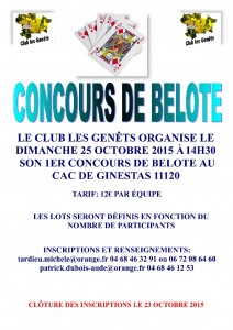 Affiche du concours de belote organisé dimanche 25 octobre 2015 à Ginestas, dans l'Aude (11)