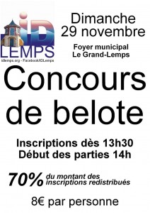 Affiche du Concours de belote organisé dimanche 29 novembre 2015 au Grand-Lemps - Isère