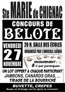 Affiche du concours de belote organisé vendredi 27 novembre 2015 à Sainte Marie de Chignac, en Dordogne (24)