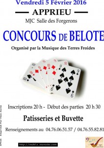 Affiche concours de belote organisé vendredi 5 février 2016 à Apprieu