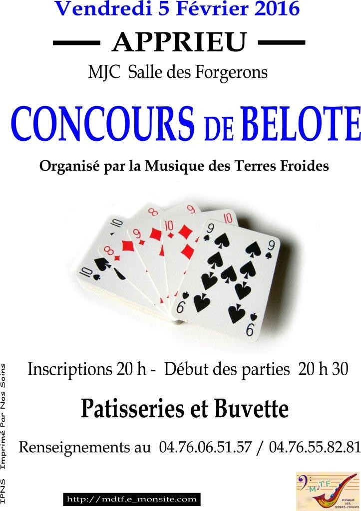 Affiche concours de belote organisé vendredi 5 février 2016 à Apprieu