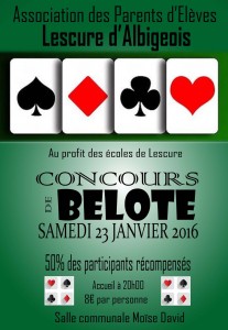 Affiche du concours de belote organisé le 23 janvier 2016 à Lescure d'Albigeois (81)