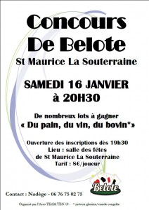 Affiche du Concours de Belote Samedi 16 Janvier à St Maurice la Souterraine, dans la Creuse (23)