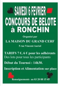 affiche du concours de belote organisé à Ronchin le 6 février 2016