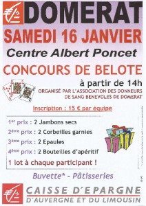 Affiche du Concours de belote organisé le 16 janvier 2016 à Domérat - Allier